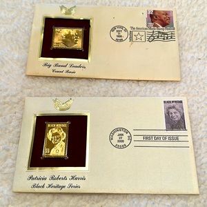 Two Vintage 1996 and 2000 gold Stan replica of US Postal Service stamp designs